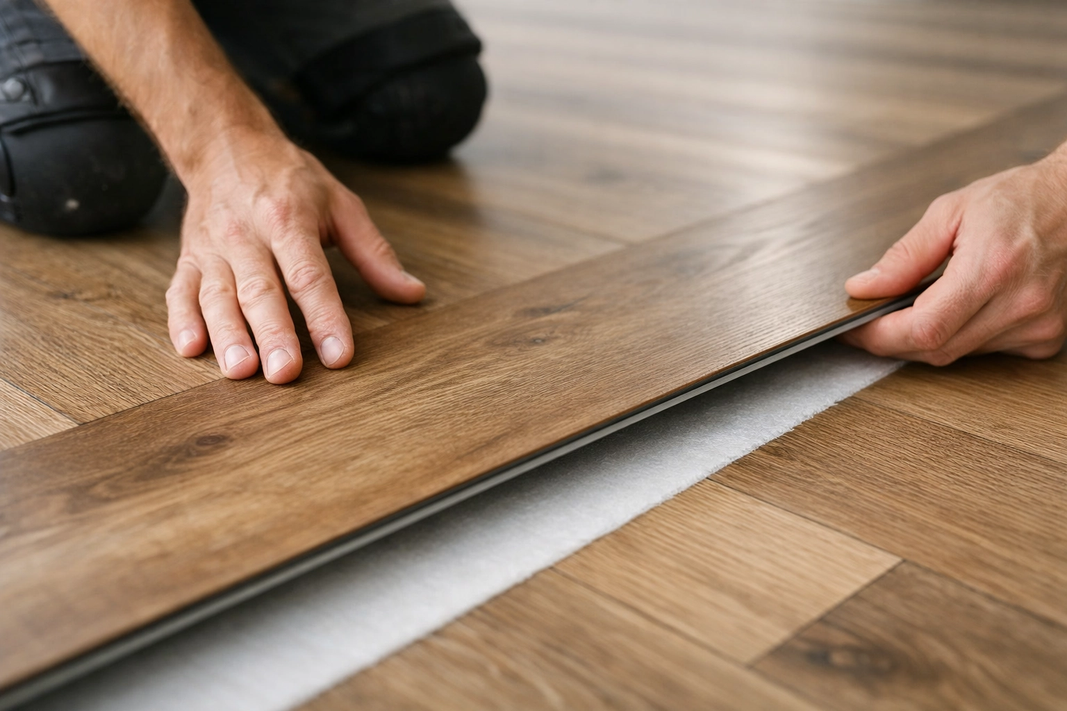 Professional installing luxury vinyl plank flooring in apartment unit during turnover