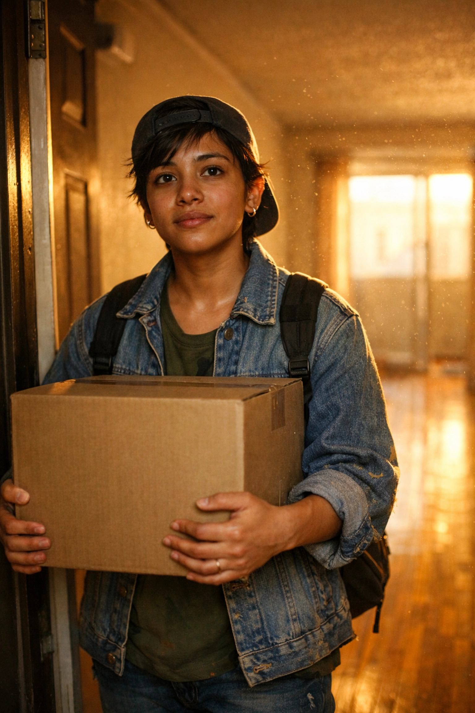 Person moving into new apartment during re-entry, holding box at threshold of fresh start