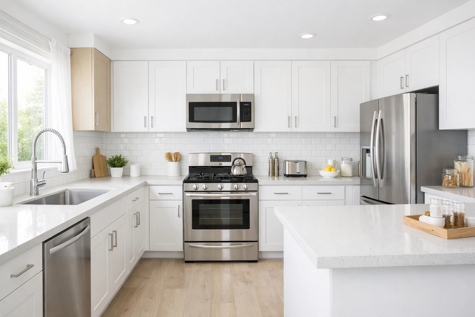 Clean modern apartment kitchen with stainless appliances ready for tenant showing