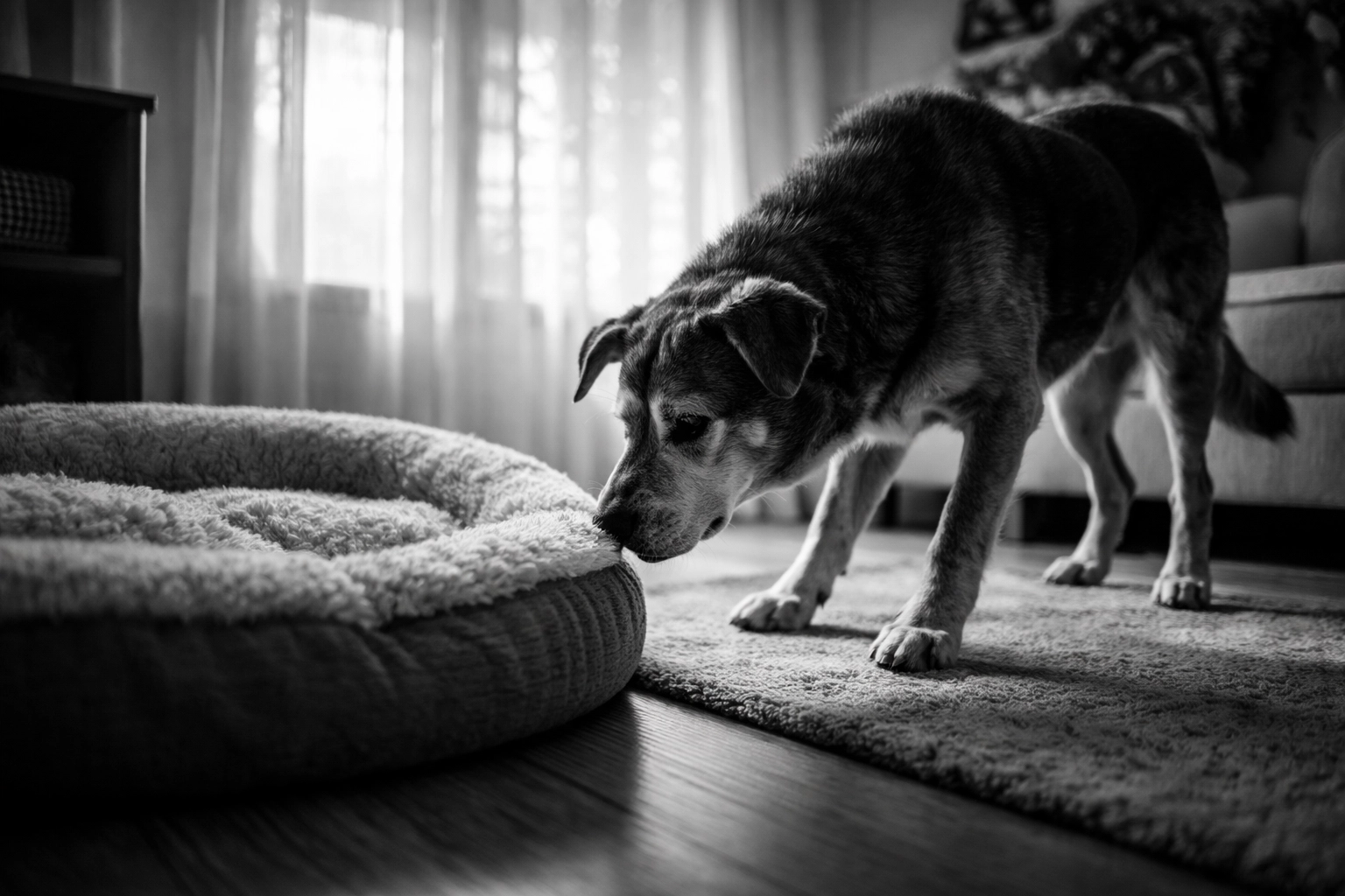 Senior rescue dog exploring a new home and sniffing a dog bed in a calm living room
