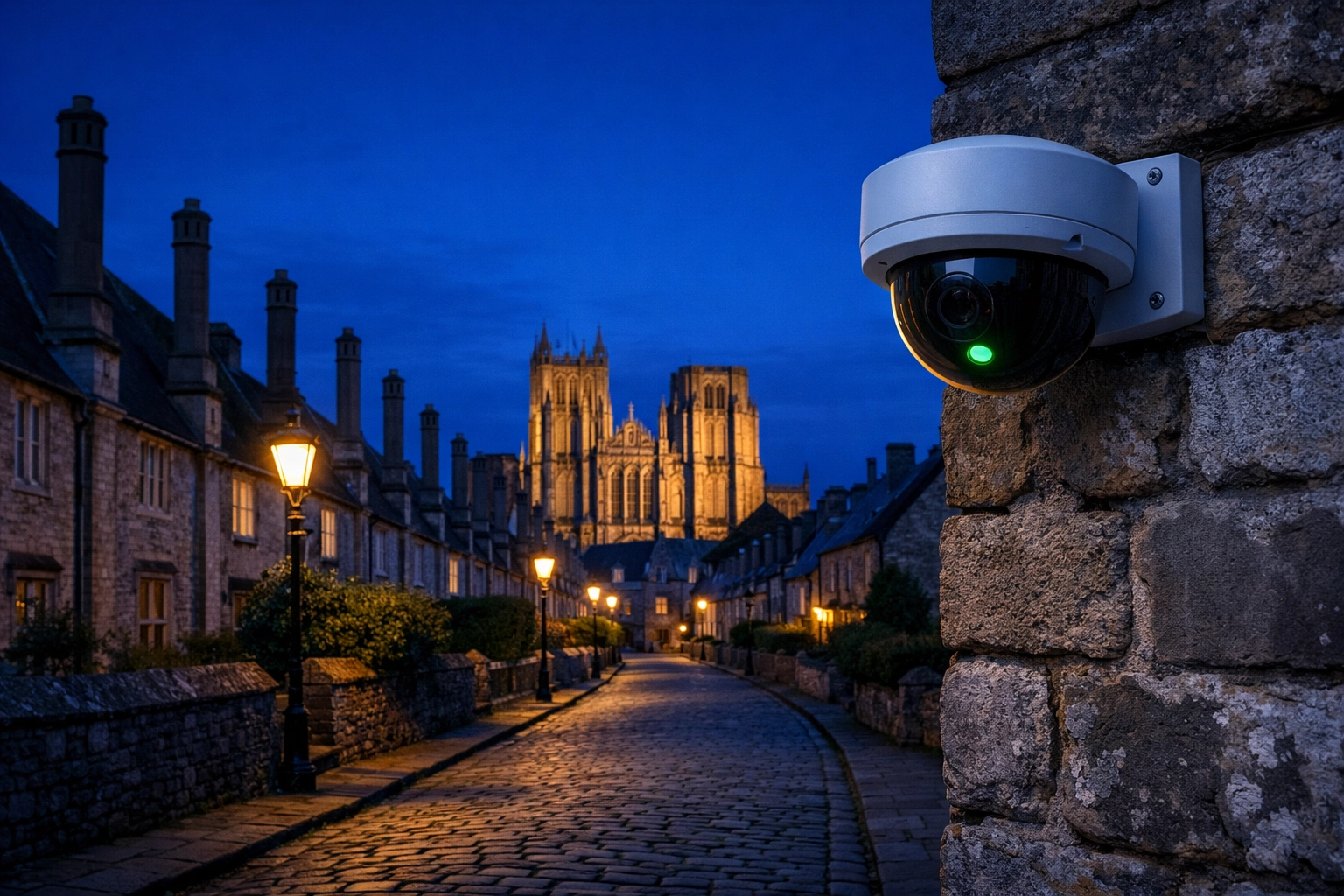 Security camera protecting a historic street in Wells with Wells Cathedral illuminated at twilight.