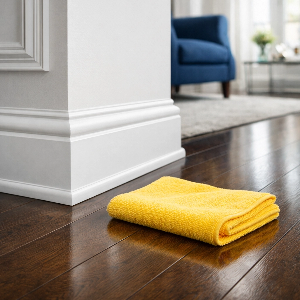 Dust-free white baseboards and polished hardwood floors after deep cleaning Shrewsbury MA service.