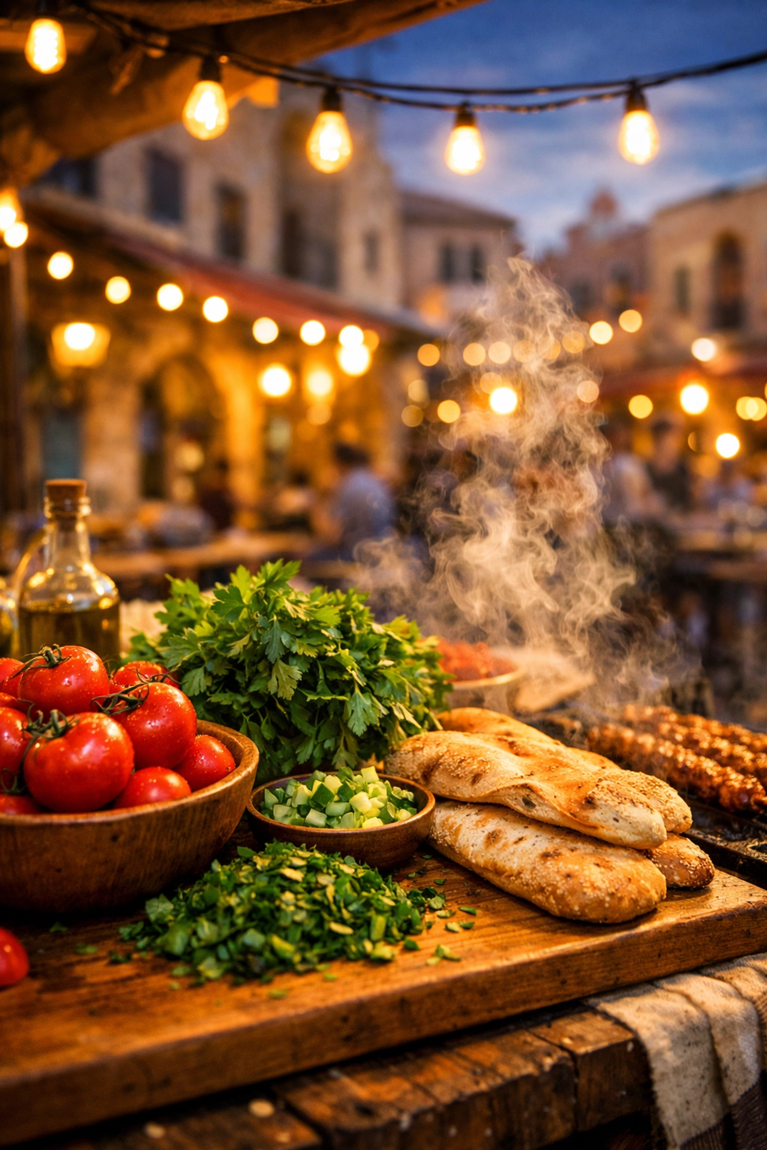 Vibrant Mediterranean street food stall with fresh ingredients, showcasing authentic local dining experiences.