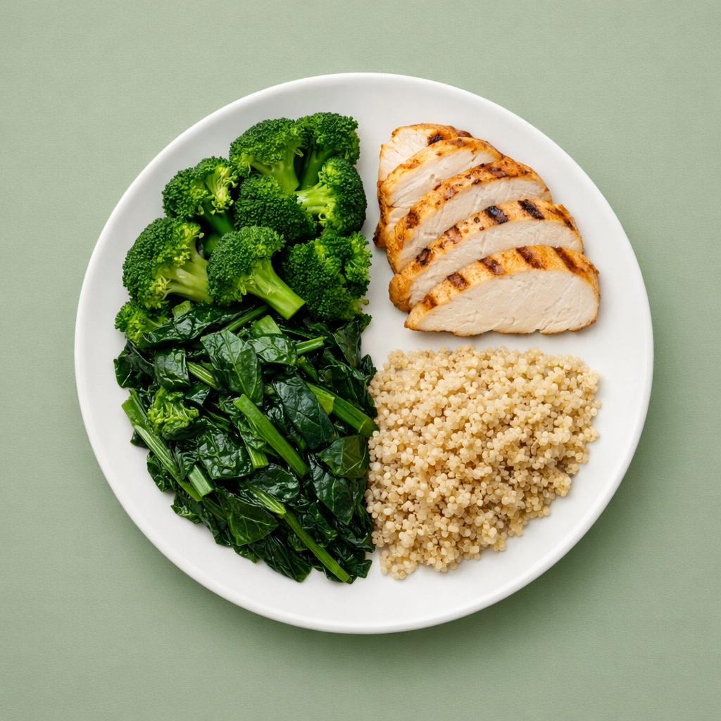 Balanced meal plate with lean turkey, fiber-rich broccoli, and quinoa for healthy weight management.