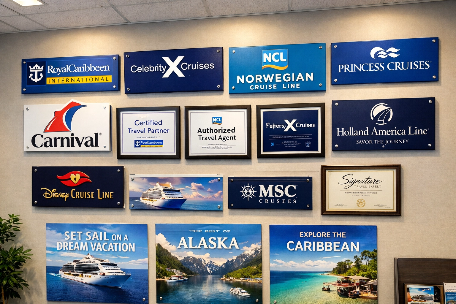 Authorized cruise line certifications and partnerships displayed at travel agency