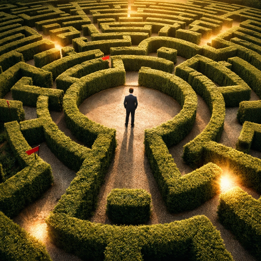 Investor navigating complex maze representing over-diversification in portfolio management