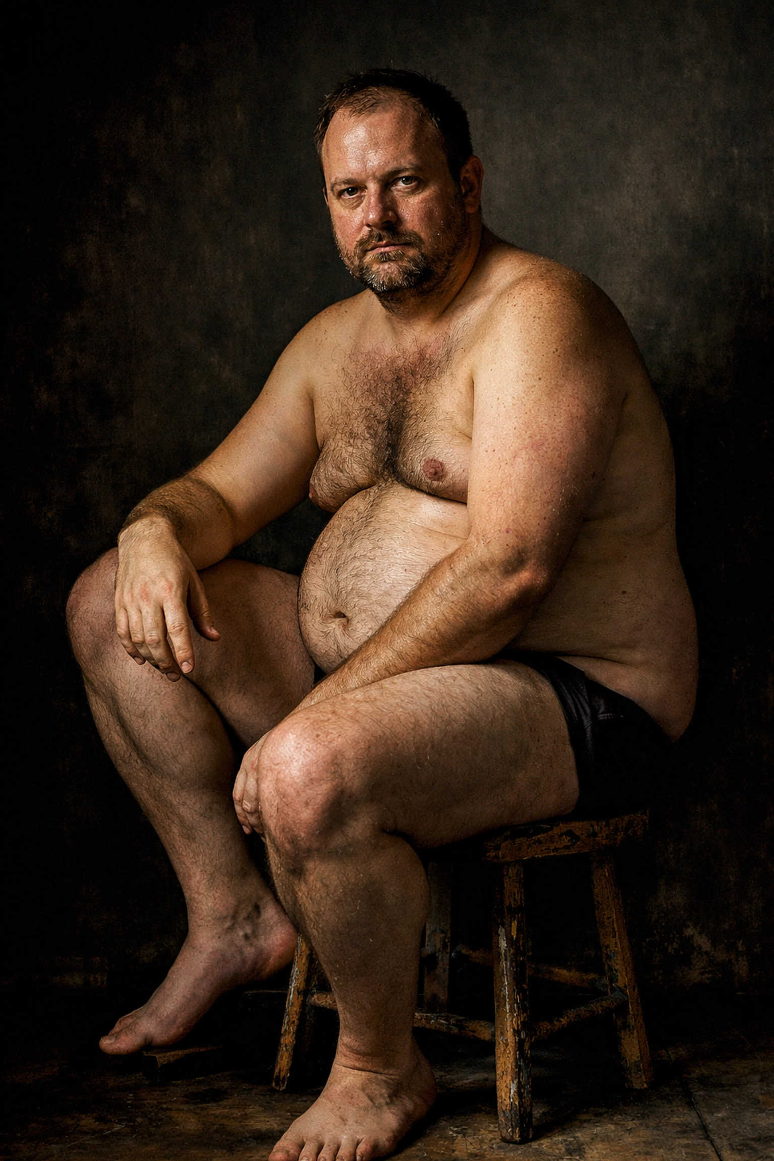 Artistic photo of a man with a natural body in a studio, celebrating authentic queer male form and vulnerability.