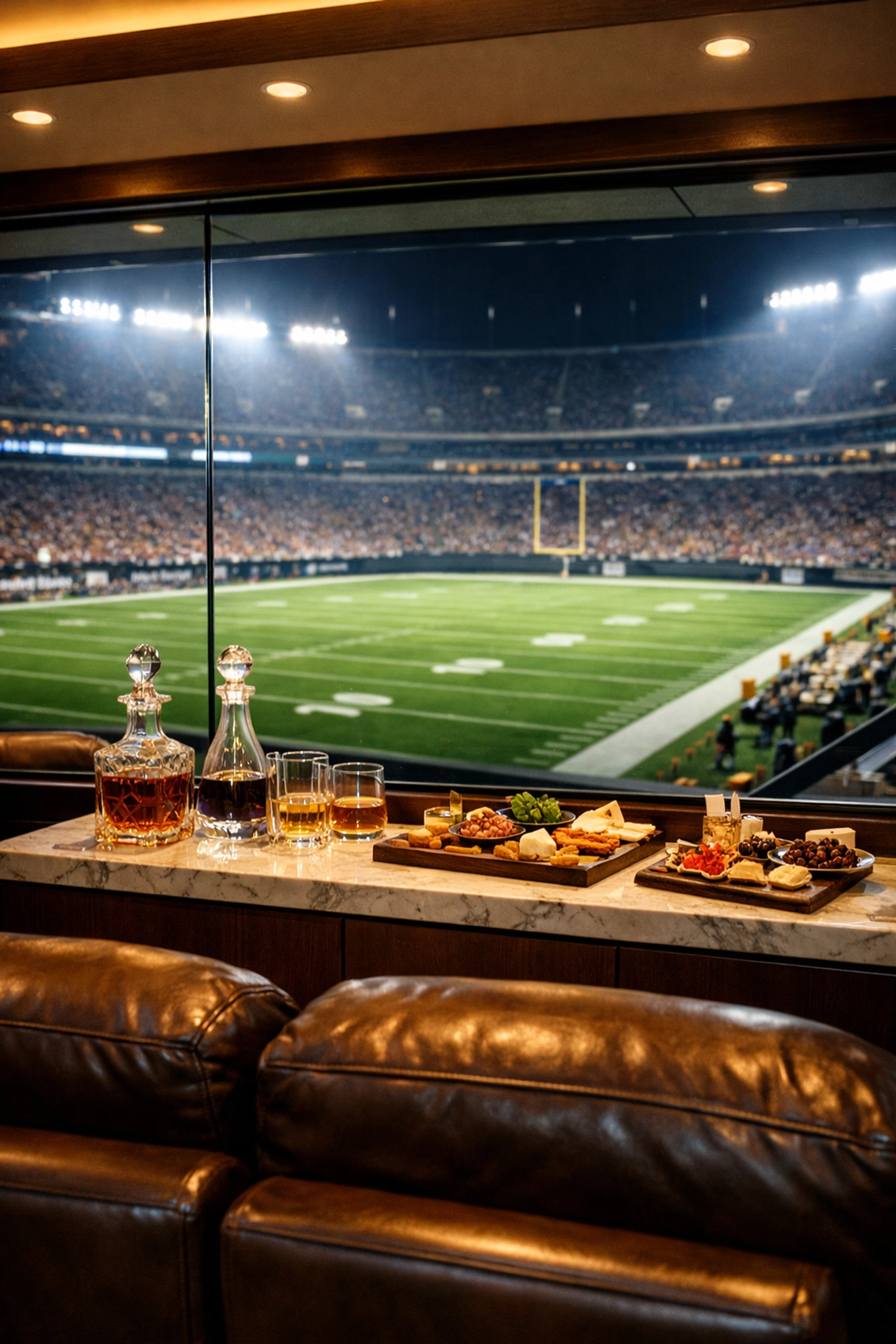 A luxury VIP stadium suite with gourmet catering overlooking a brightly lit professional football field.