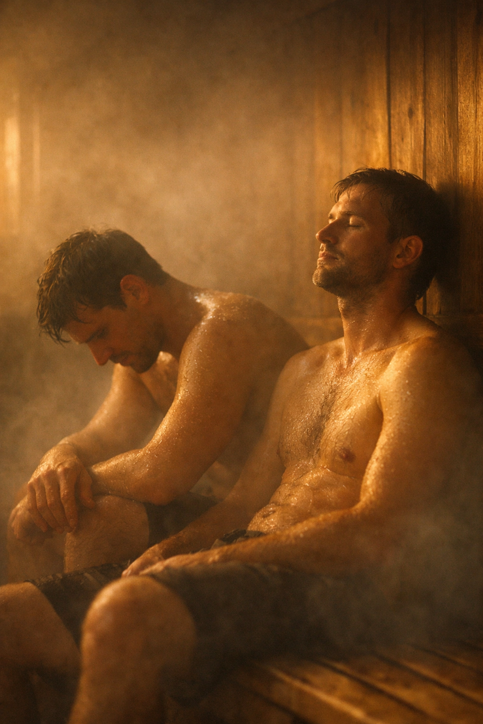 Two men sharing a quiet moment of vulnerability in a gay sauna, exploring emotional connection and intimacy