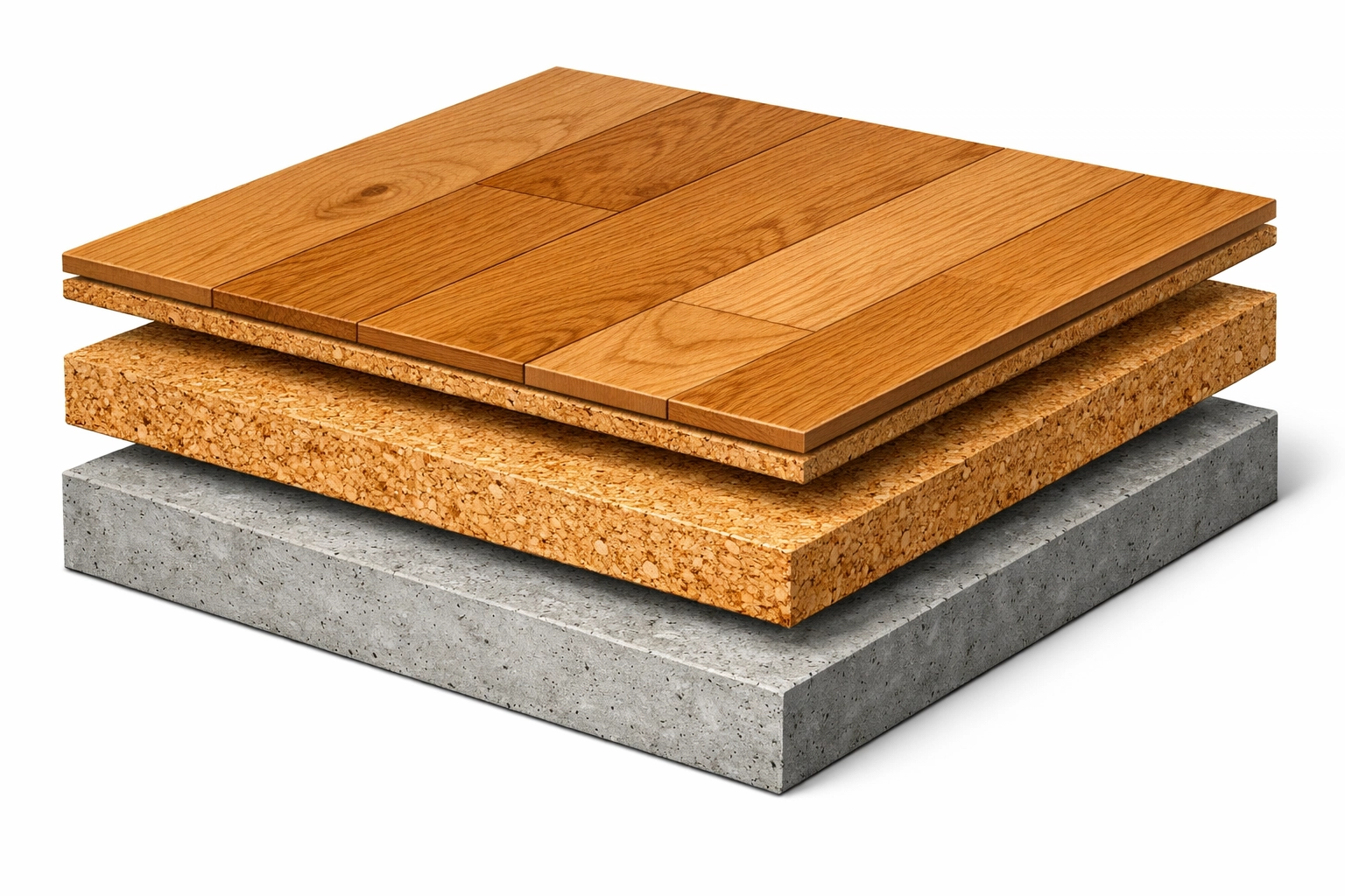 Cross-section of engineered hardwood with cork underlayment over concrete for condo sound insulation