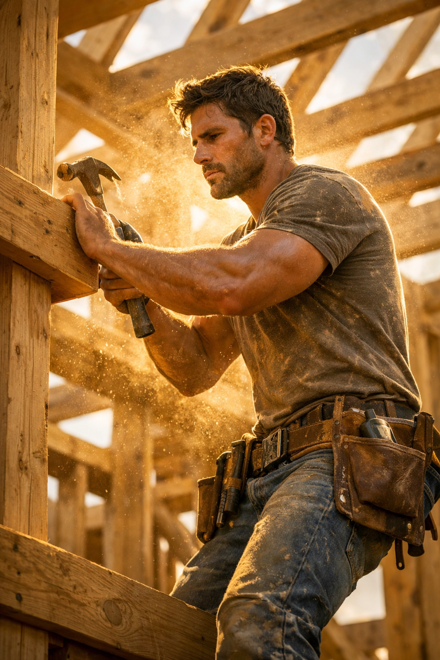Muscular house builder working on a timber frame, a classic trope in MM romance books.