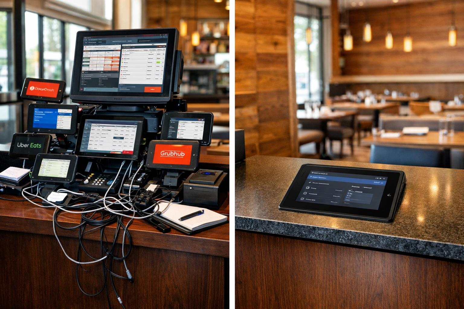 Restaurant host stand comparing tech clutter with a simplified integrated tablet solution