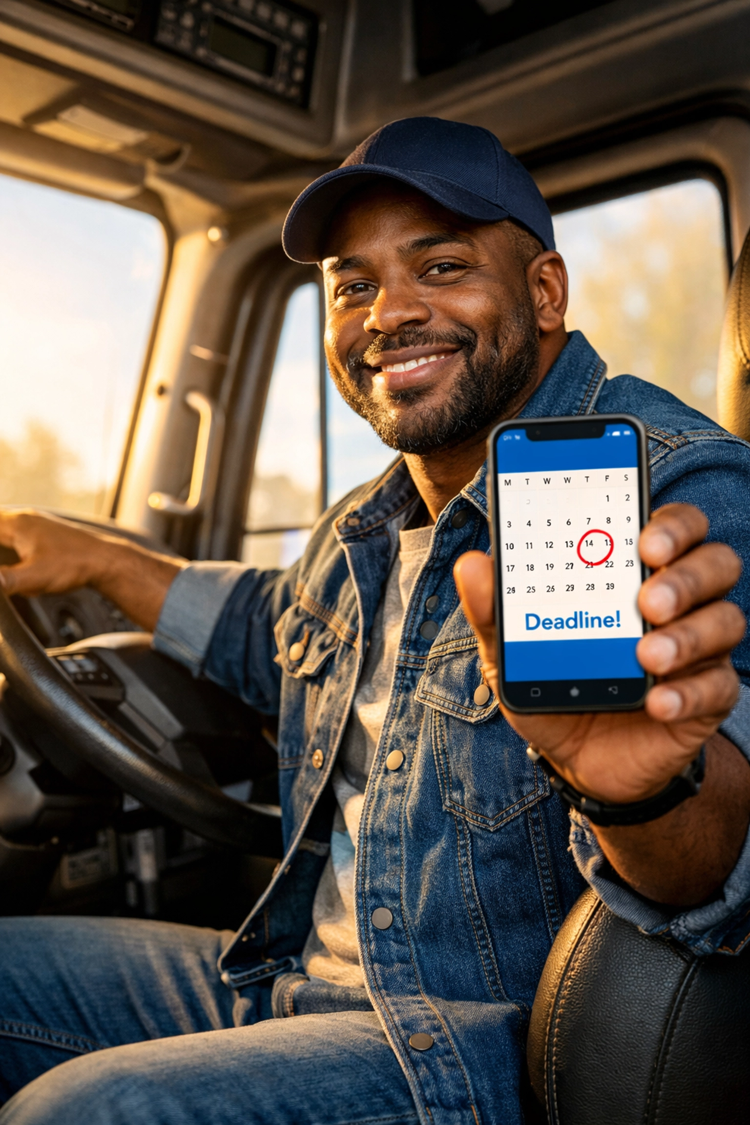 Truck driver checking biennial update deadline on smartphone calendar app