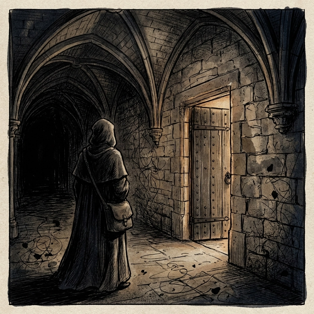 A lone student stands in a shadowy university hallway at night, facing a mysterious door in this Dark Academia Short Story scene.