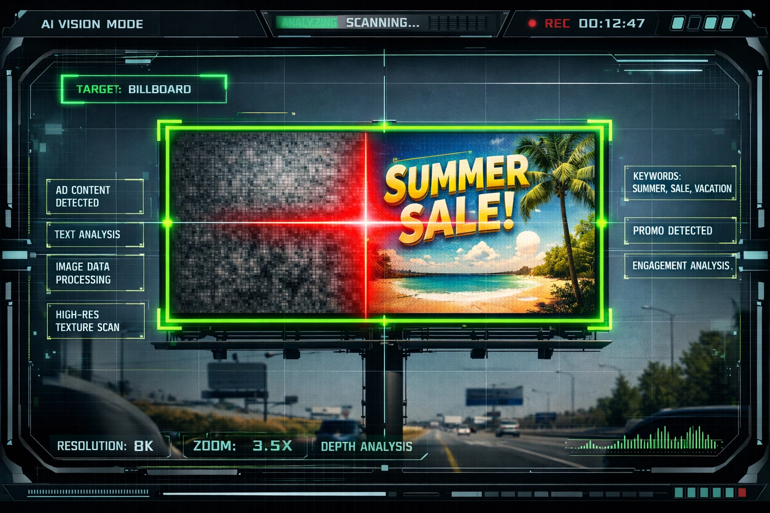 Artificial Intelligence computer vision scanning a billboard for automated advertising analytics.