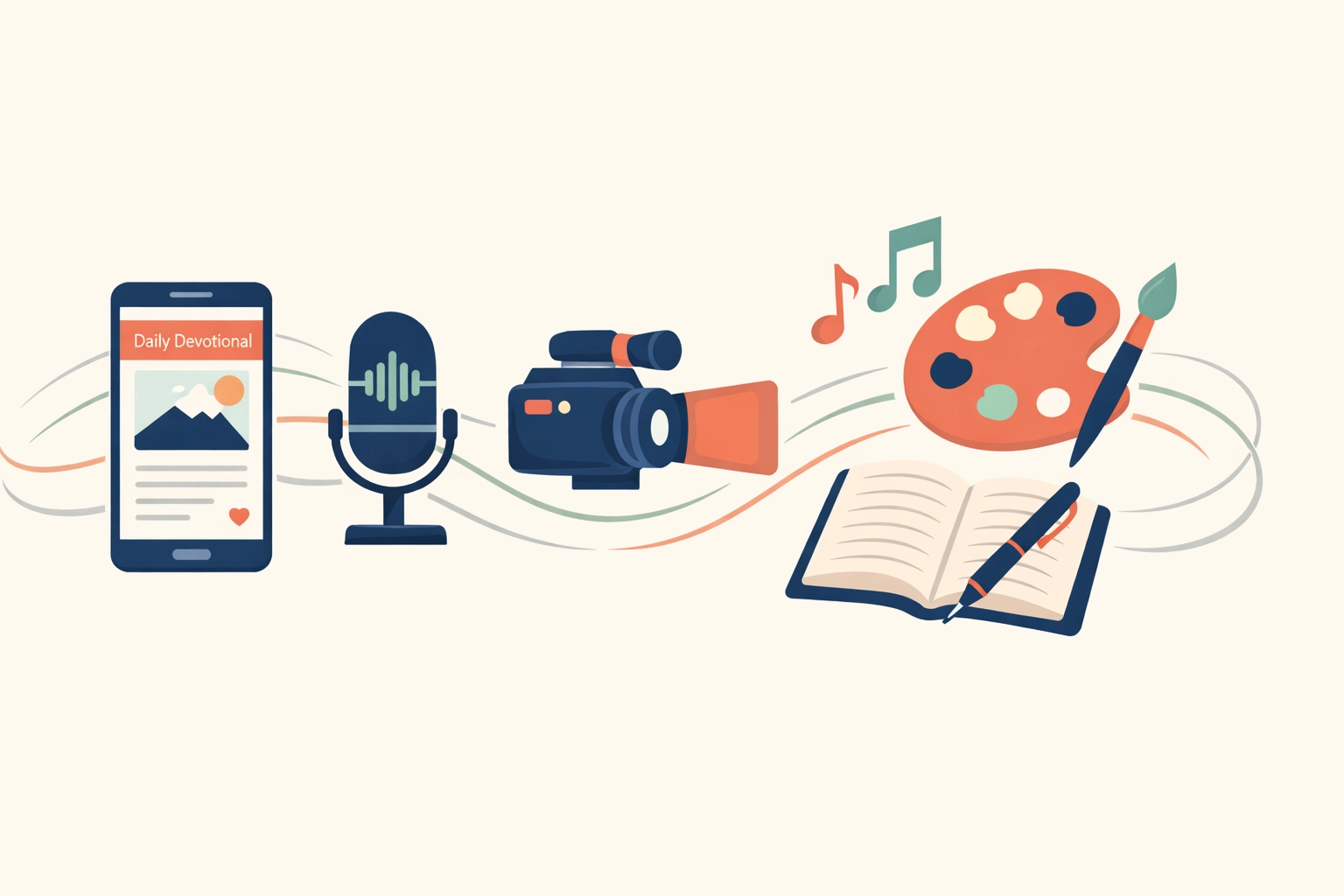 Various faith-based content creation tools including smartphone, microphone, and journal