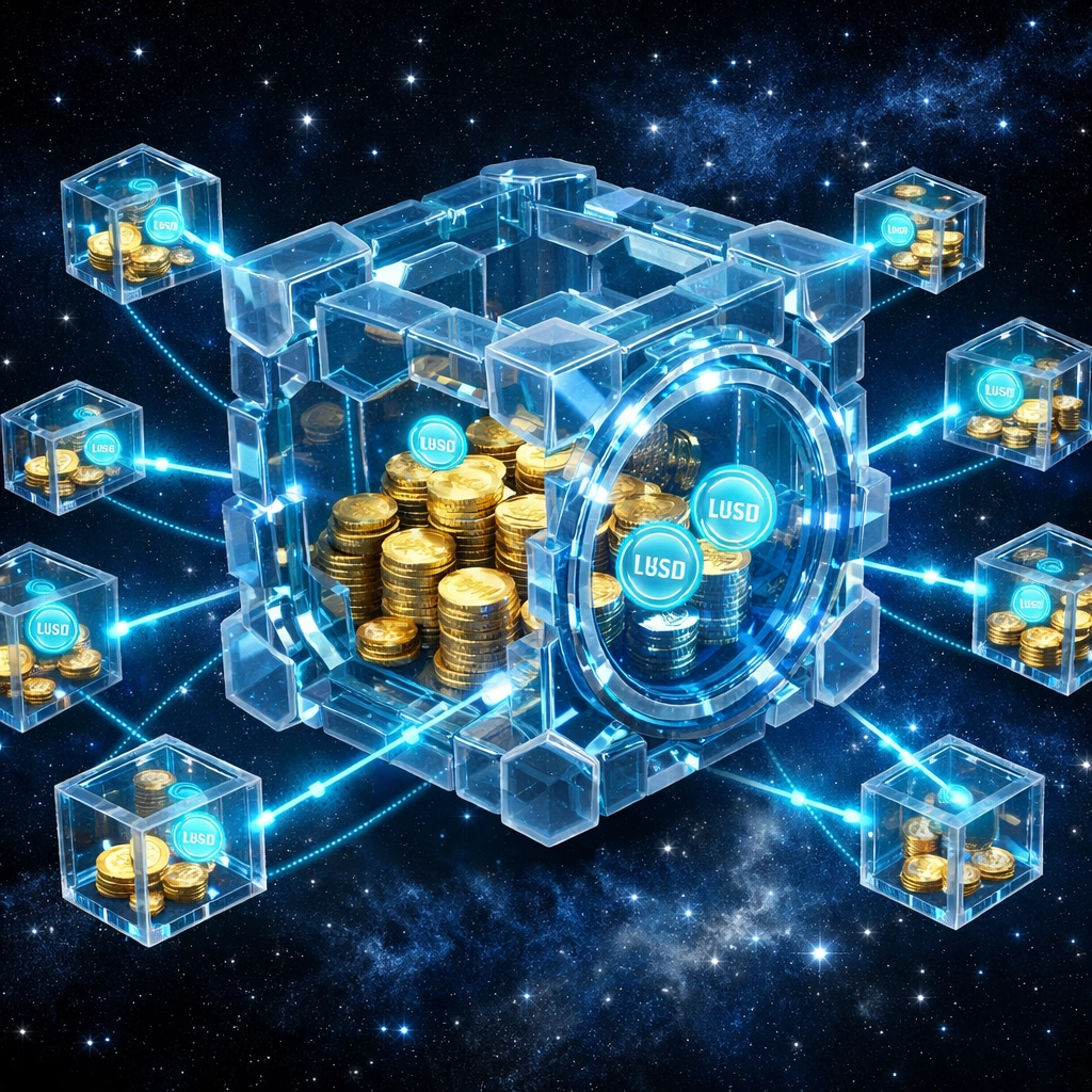 Self-custody crypto vault showing master wallet with sub-wallets and LUSD stablecoin tokens