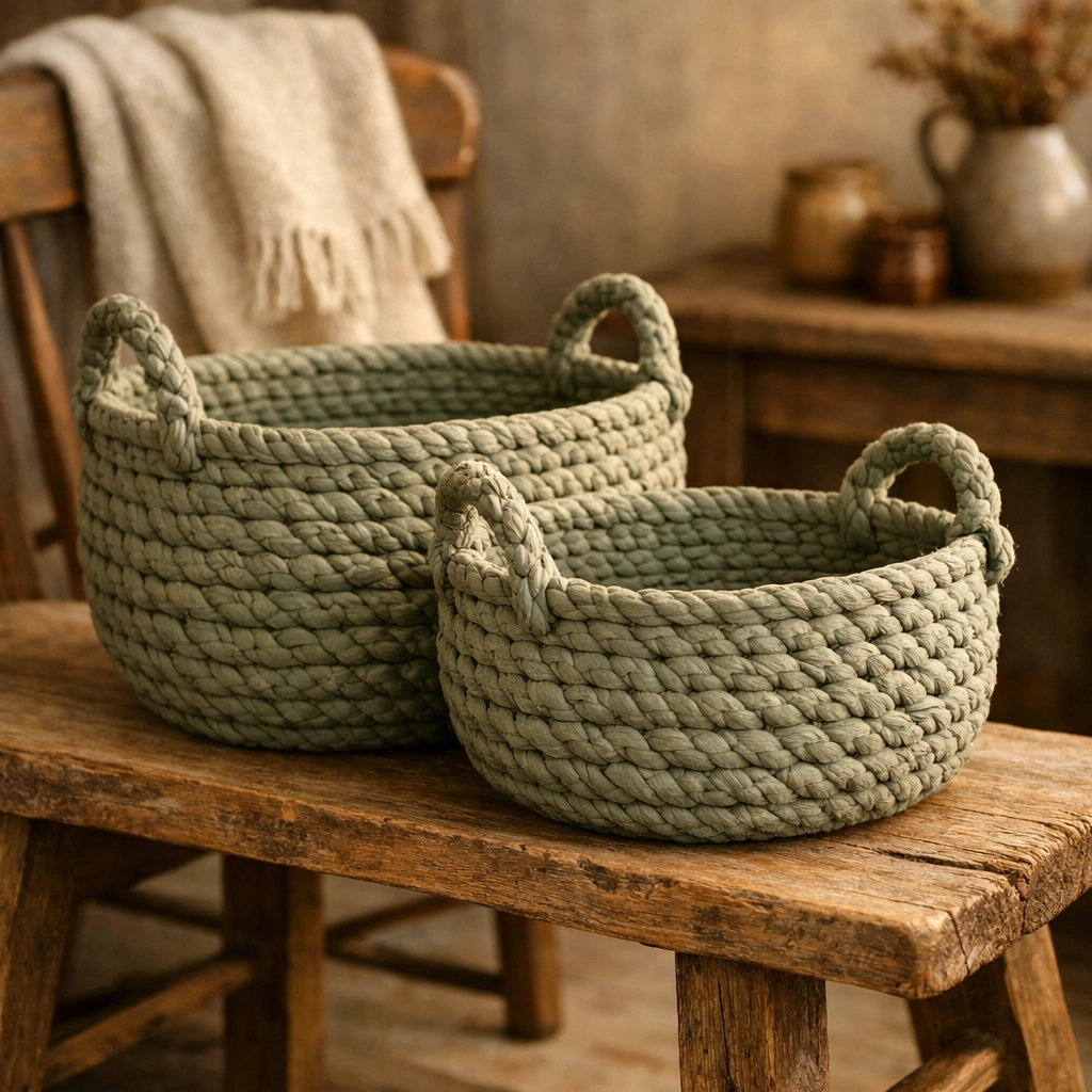 Hand-woven sage green storage baskets on a rustic wood bench for a farmhouse home decor feel.