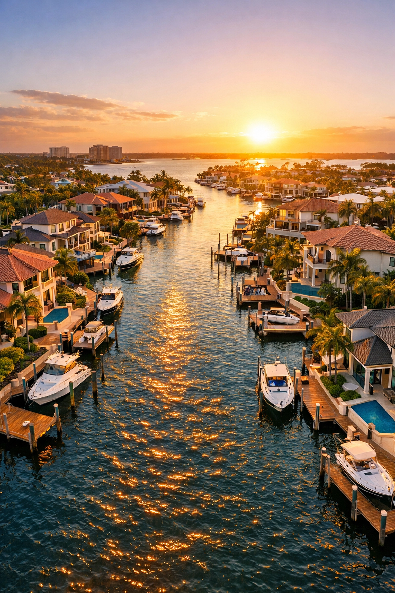 Aerial view of luxury SWFL waterfront homes with private docks along Cape Coral canals at sunset
