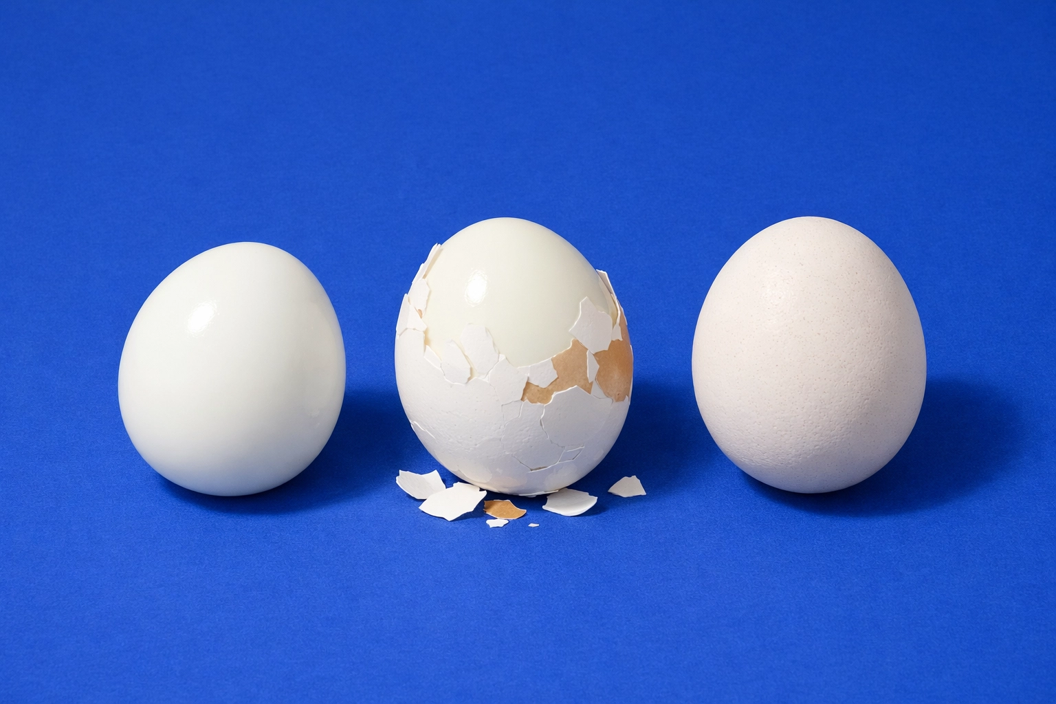 A row of whole and peeled hard-boiled eggs, ideal for convenient meal prep and consistent fitness nutrition.