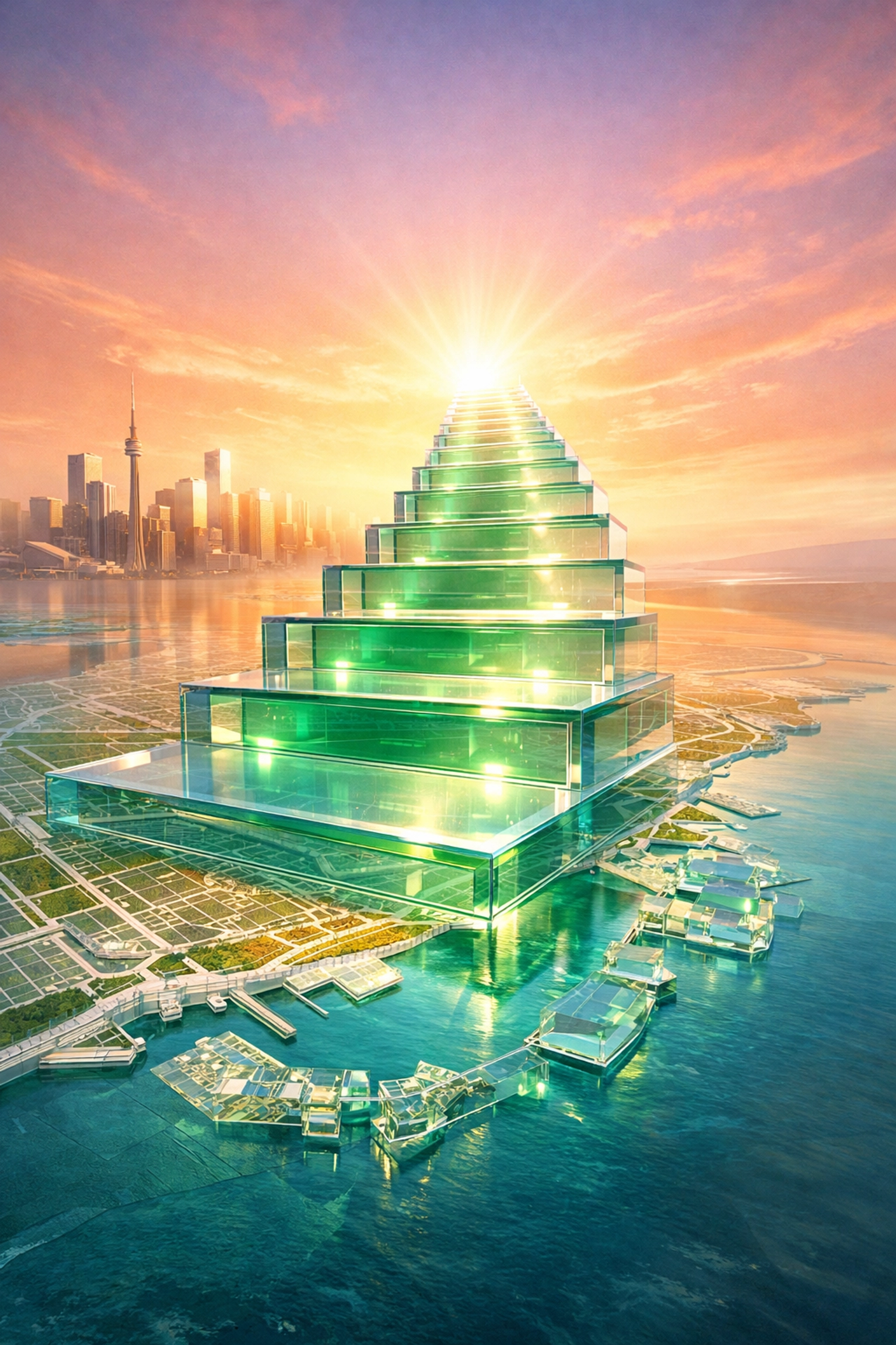 Rising glass staircase over a Toronto map symbolizing business scaling through strategic digital marketing.