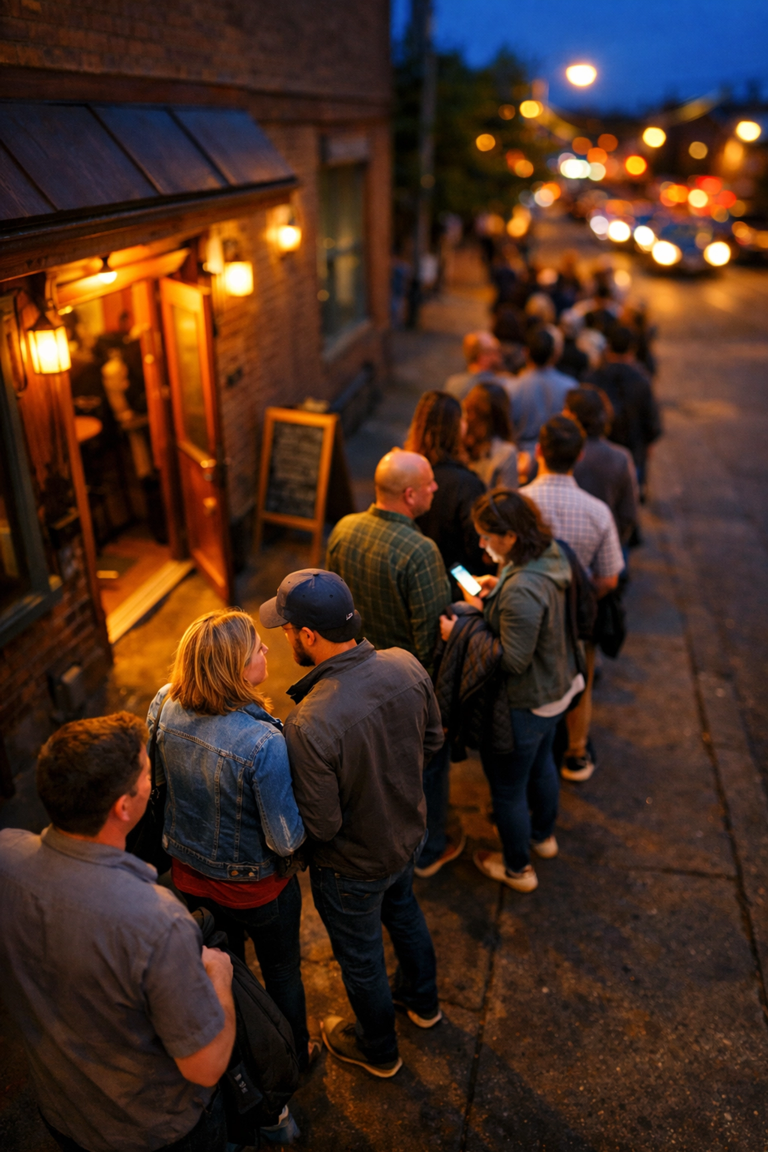 Customers waiting in line outside popular restaurant demonstrating scarcity marketing strategy