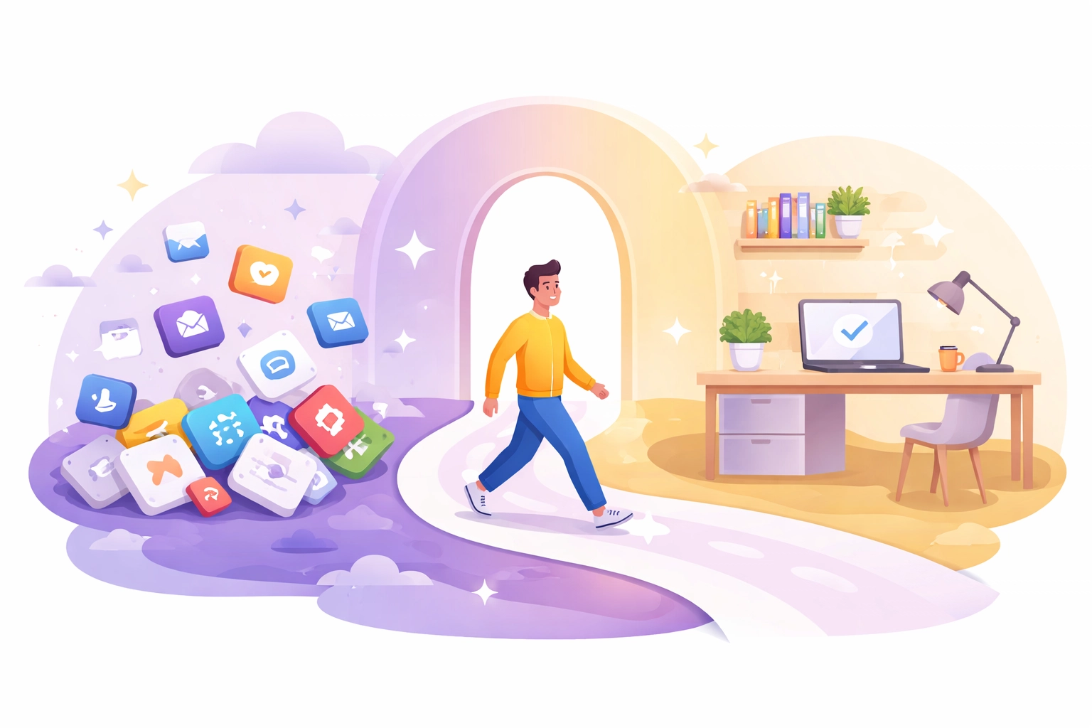 Journey from scattered apps to an organized workspace, highlighting the transformation to unified business operations with TeamsMaster.