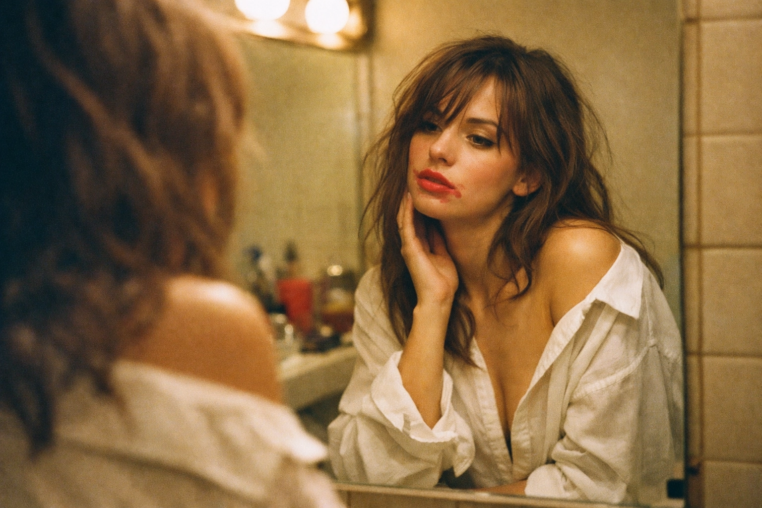 Woman alone at a bathroom mirror, warm tungsten light—thinking hard, wanting harder