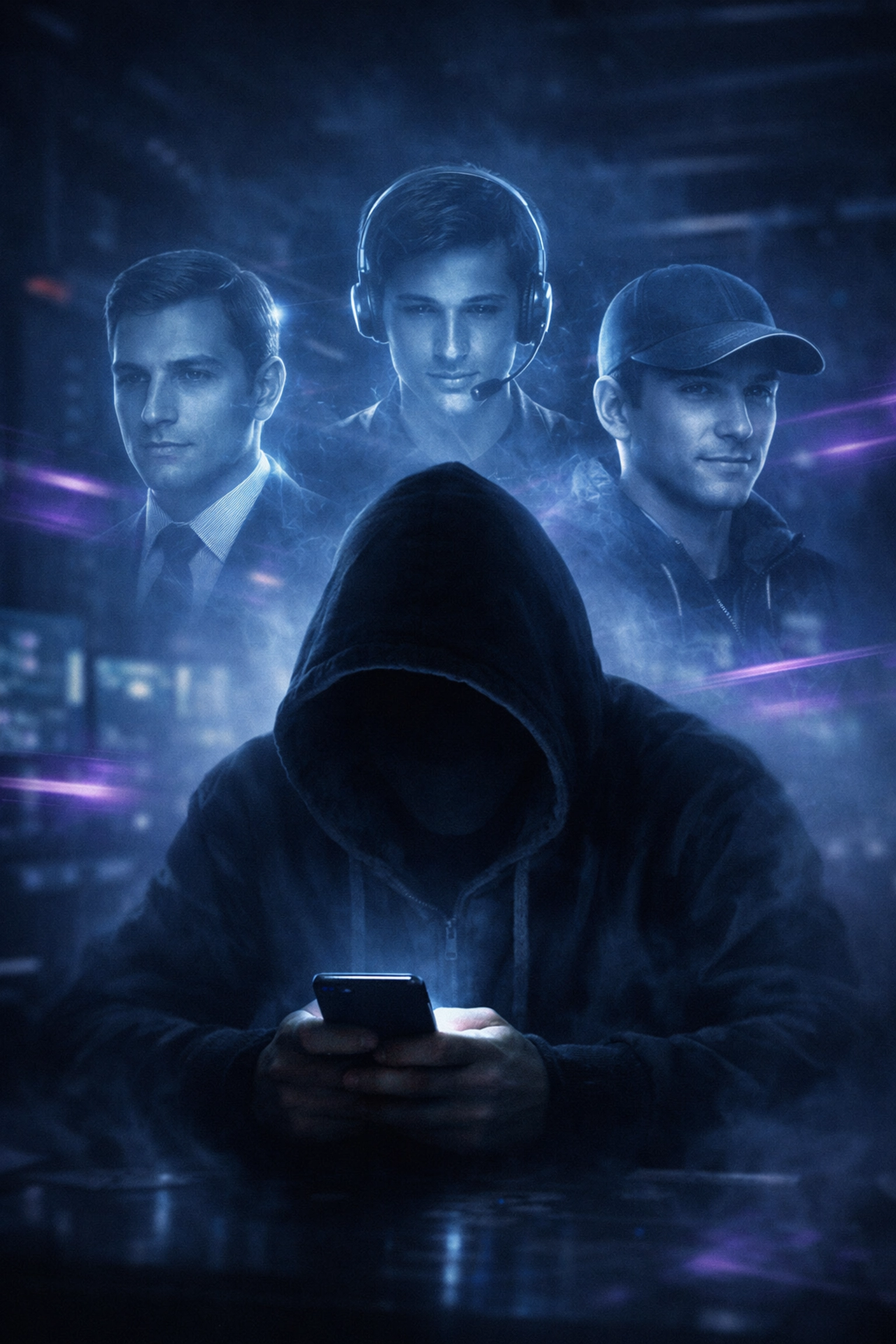 Hacker with various holographic masks representing identity spoofing and social engineering phone attacks.