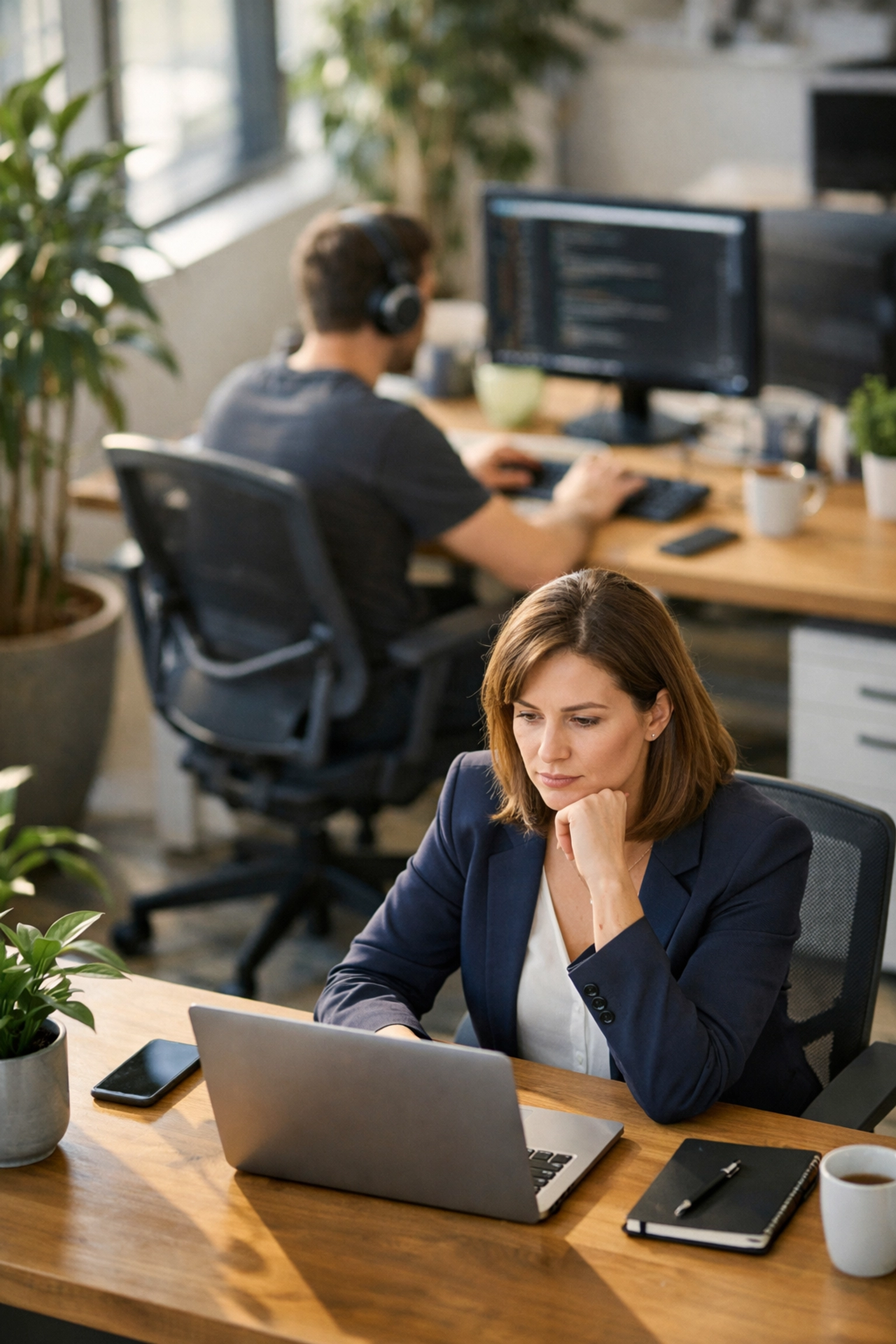 IT manager and developer in a modern office, representing the gap in development and service workflows.