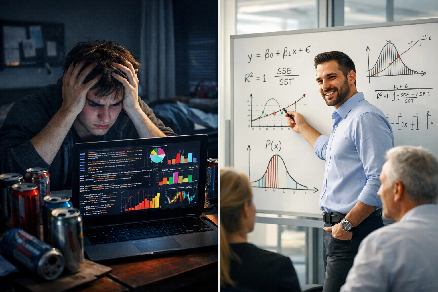 Data scientist teaching statistics foundation on whiteboard versus student struggling with data science code