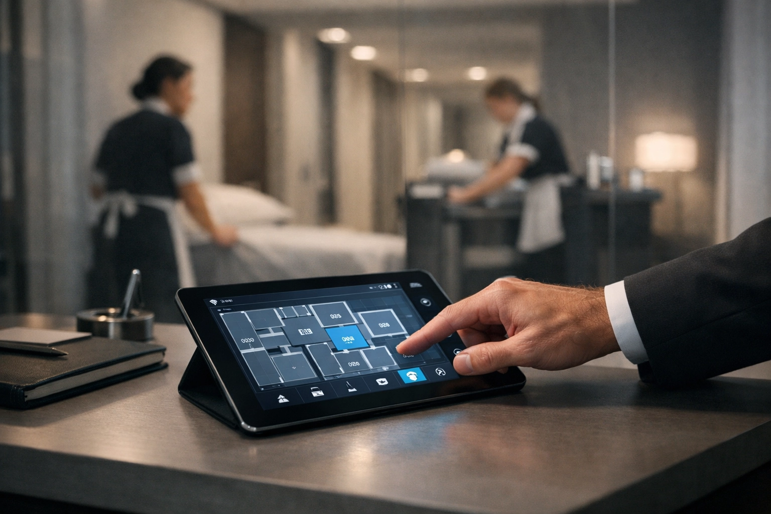 Hotel manager monitoring housekeeping operations through digital floor plan software