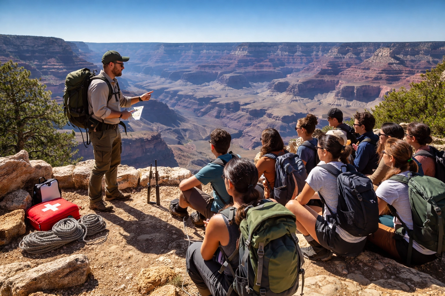 Student group at a Grand Canyon overlook receiving a safety briefing, showing organized supervision and preparedness.