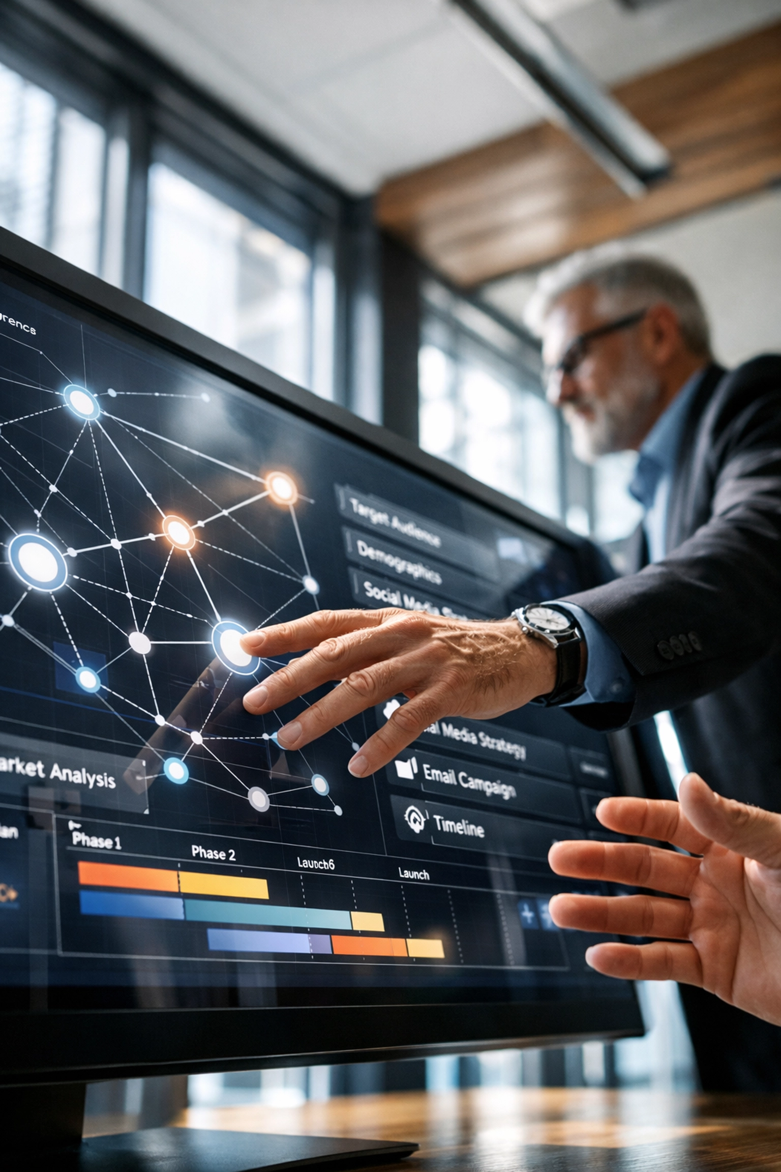 Marketing strategist planning omnichannel Super Bowl campaign strategy with audience segmentation