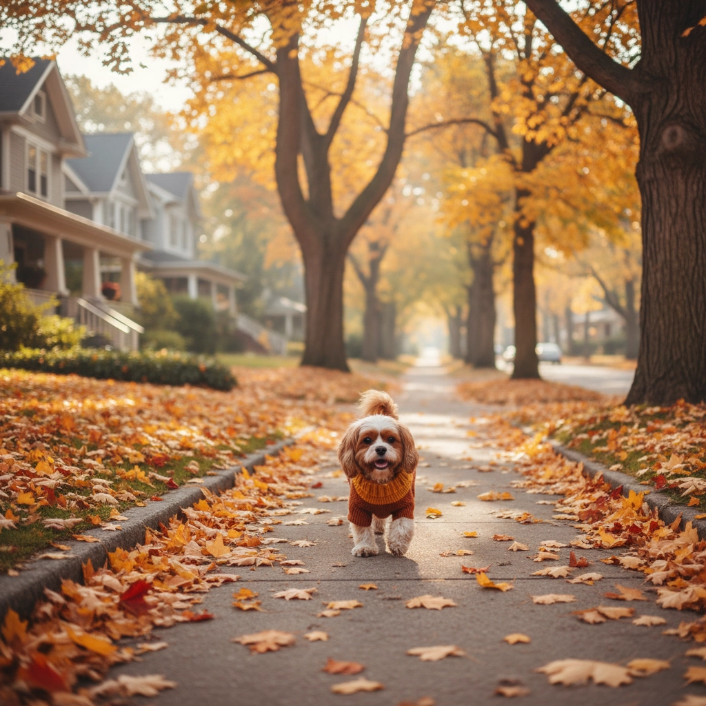 Are You Making These 5 Common Fall Pet Safety Mistakes? (Toxic Mushrooms, Temperature Drops & More) Small dog wearing a cozy autumn sweater during a morning walk on a tree-lined street in Mooresville, NC, with fallen leaves scattered on the sidewalk