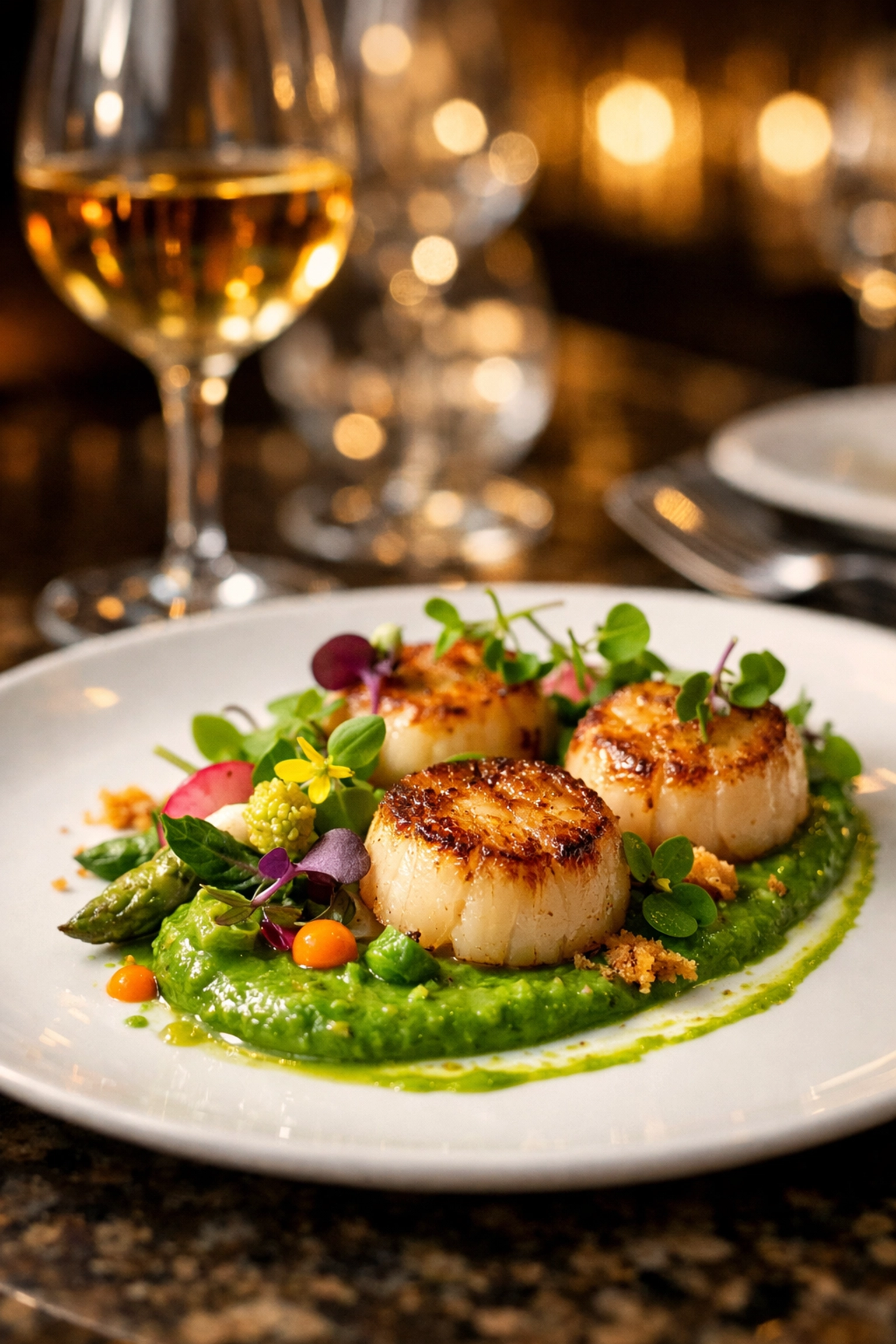 Gourmet fine dining experience on a 2026 European river cruise featuring an exquisitely plated scallop dish.