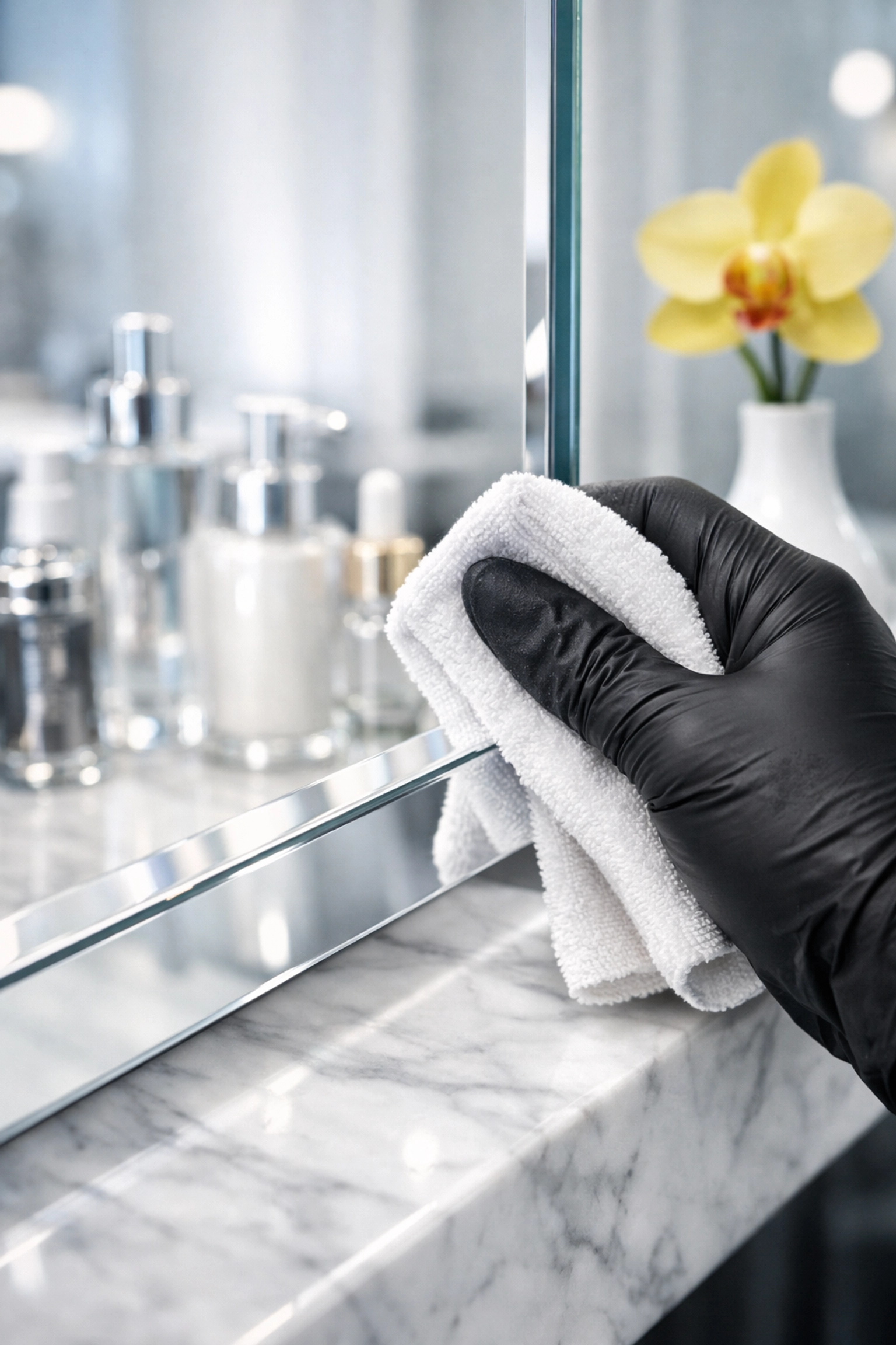 Professional sanitation of a marble salon station mirror for a germ-free beauty environment.