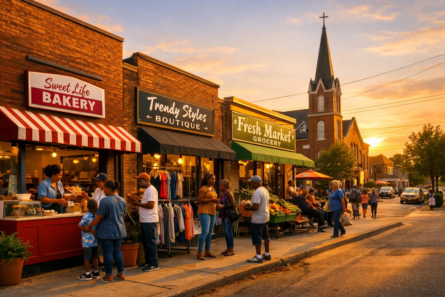 A thriving neighborhood block showing the economic impact of faith based global initiatives.