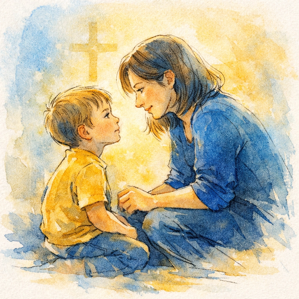 Christian parent having intentional faith conversation with young child at eye level