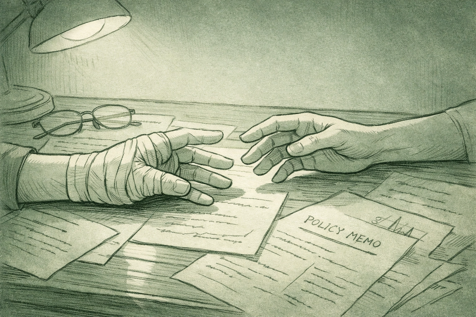Bandaged hands reaching across policy desk - broken hands metaphor in MM romance about career loss