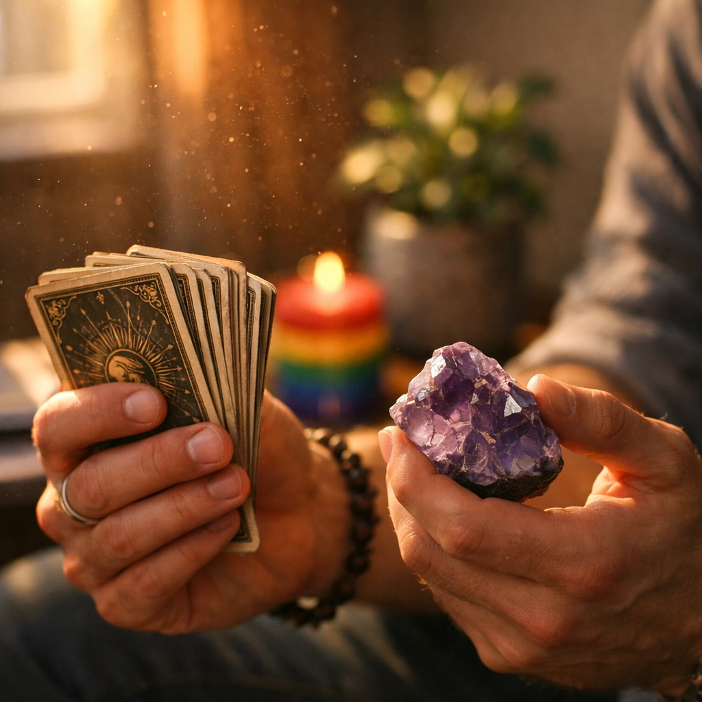 Close-up of a gay man holding tarot cards and crystals, exploring queer spirituality and inner wisdom in a sunlit room.