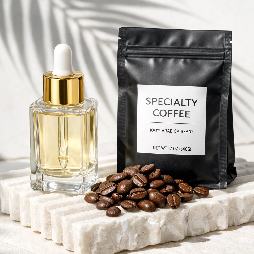 Commercial product photography of luxury skincare and coffee with a high-end Miami aesthetic.