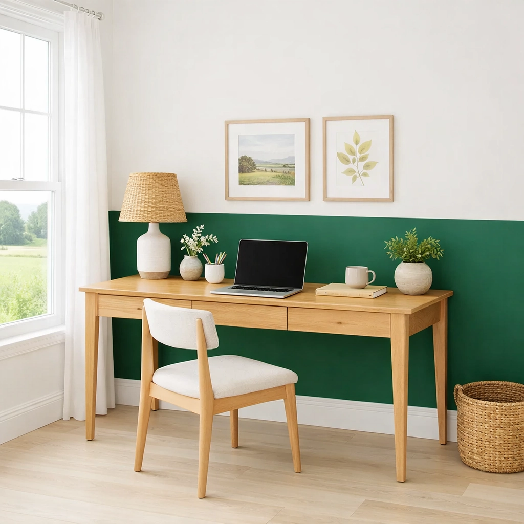 Two-tone emerald green and white walls in a modern Cheltenham home office.
