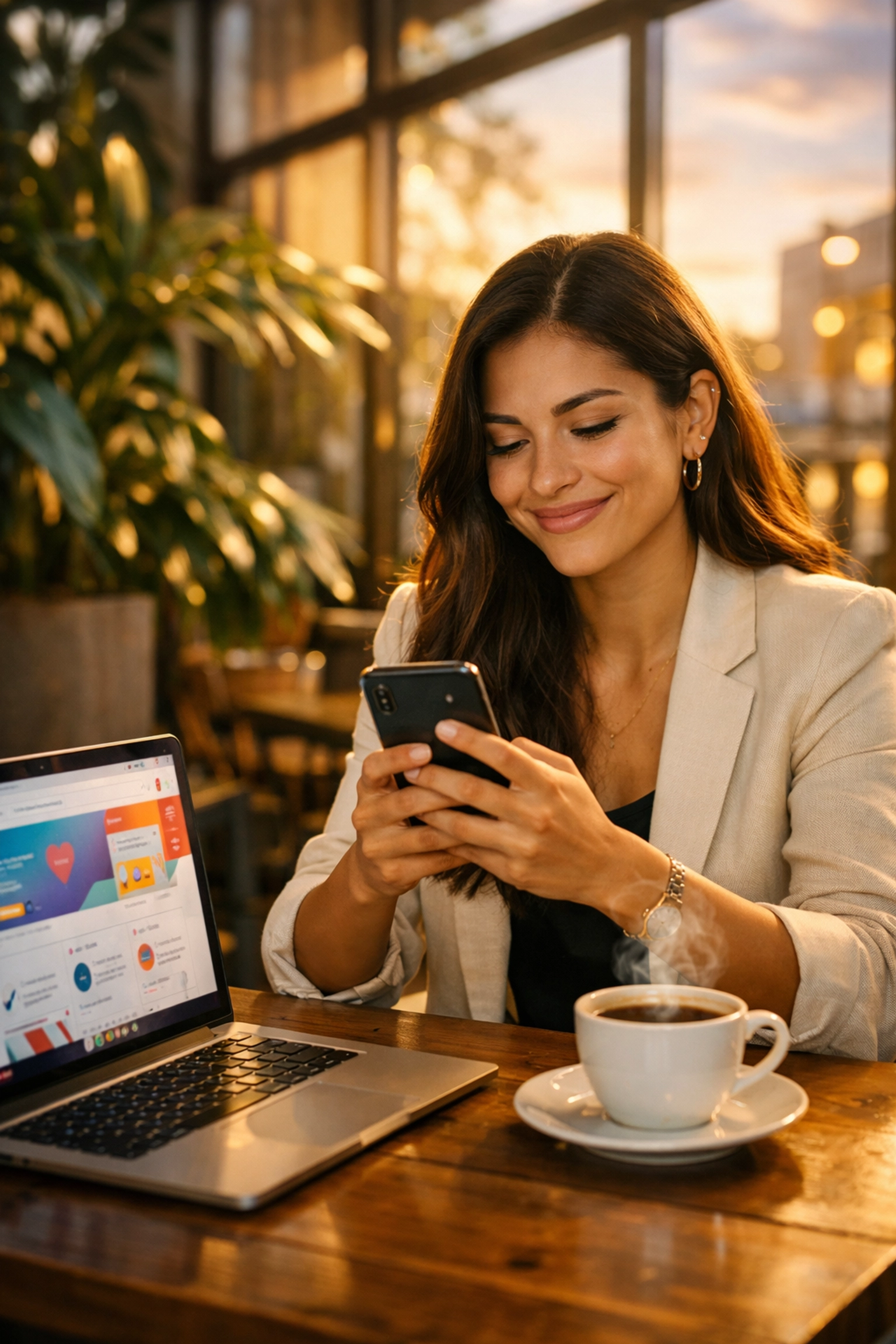 Mujer en Bogotá cerrando ventas reales por WhatsApp tras navegar en un sitio de diseño web moderno.