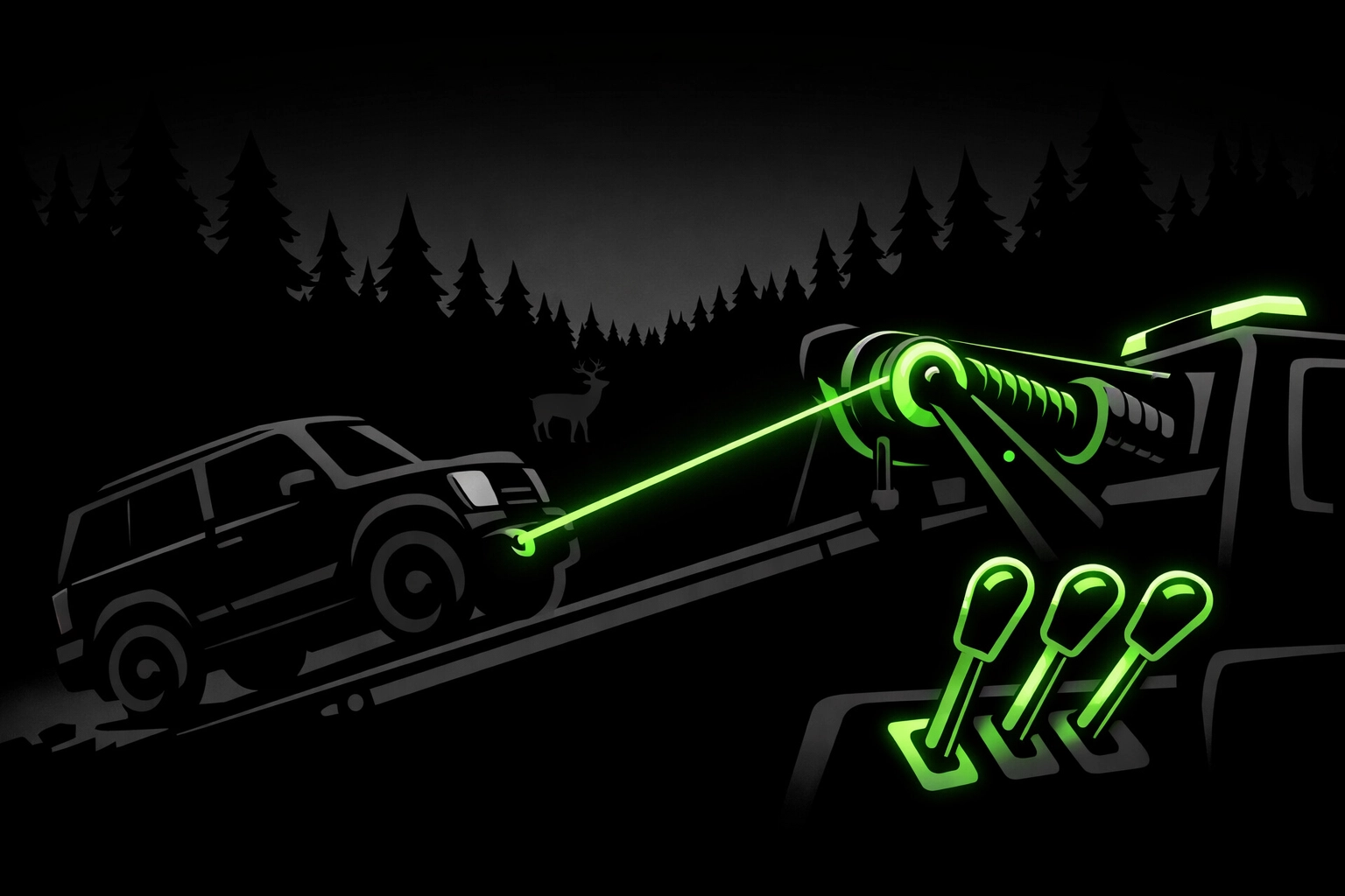 Roadside winch-out recovery service in the dark woods of Wildwood, Missouri.