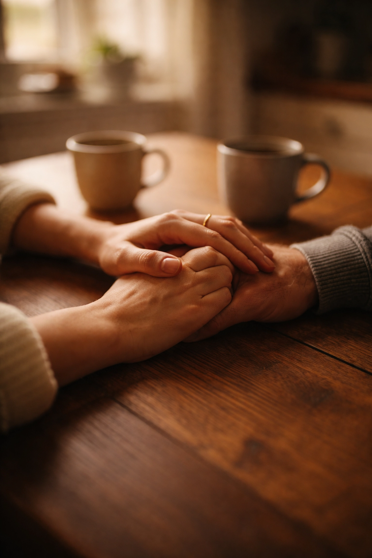 Pár kezei érintik egymást konyhaasztalon, bizalom és intimitás fontossága a párkapcsolatban és szexuális egészségben