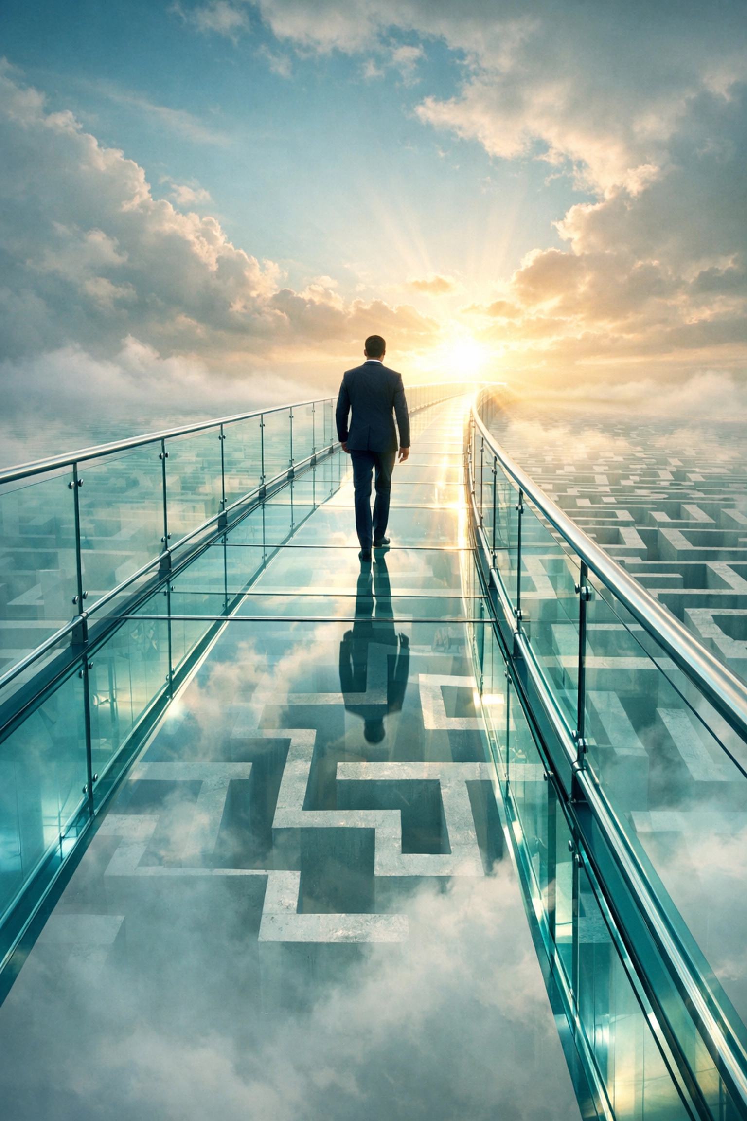 A business leader on a bridge over a maze, symbolizing transparent and strategic infrastructure growth.