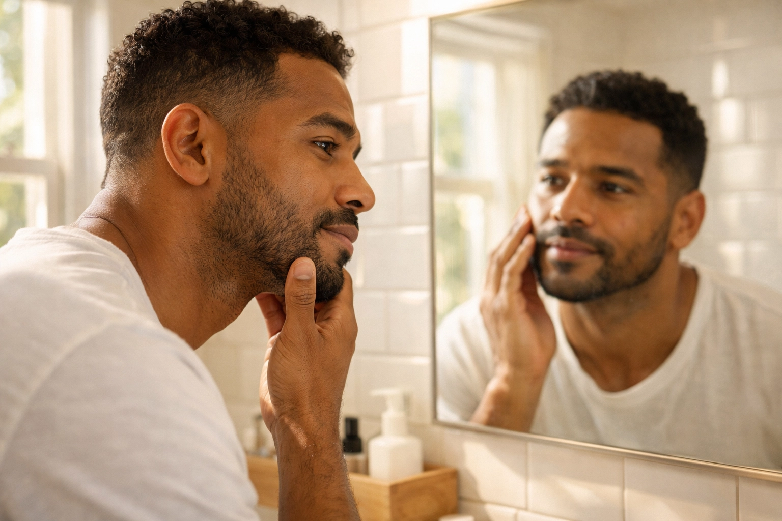 Man examining his face in bathroom mirror for daily skincare routine