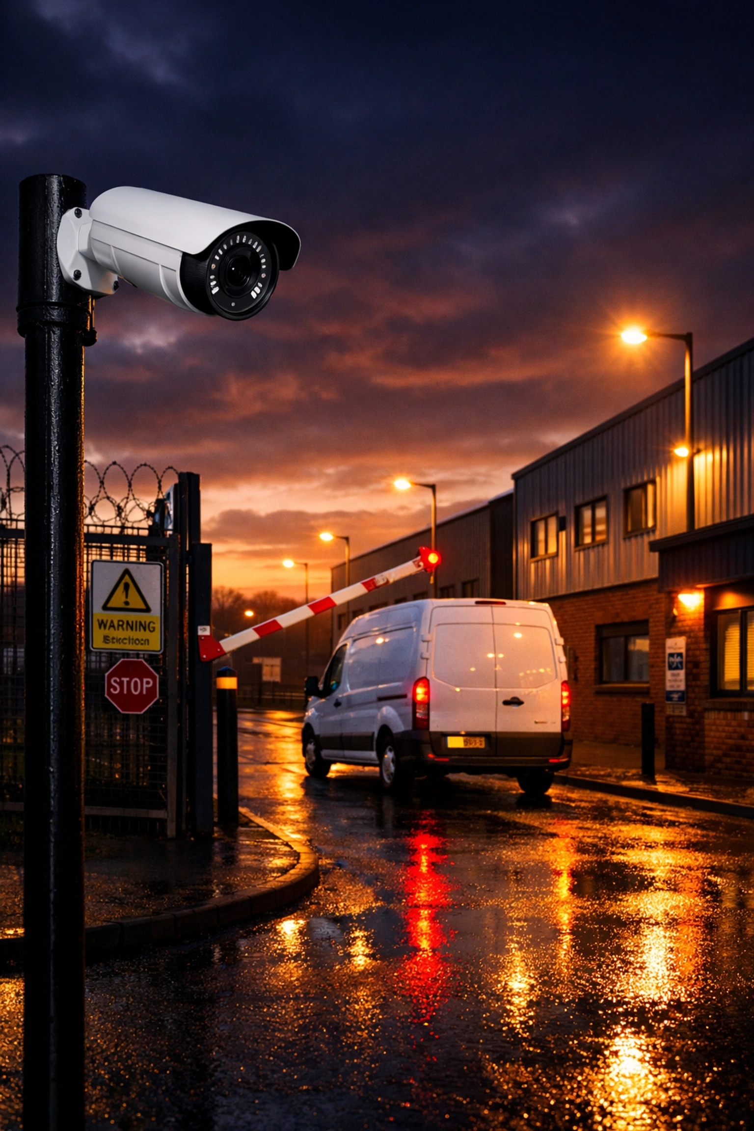 Security bullet camera monitoring the entrance gate of a UK industrial estate at twilight.