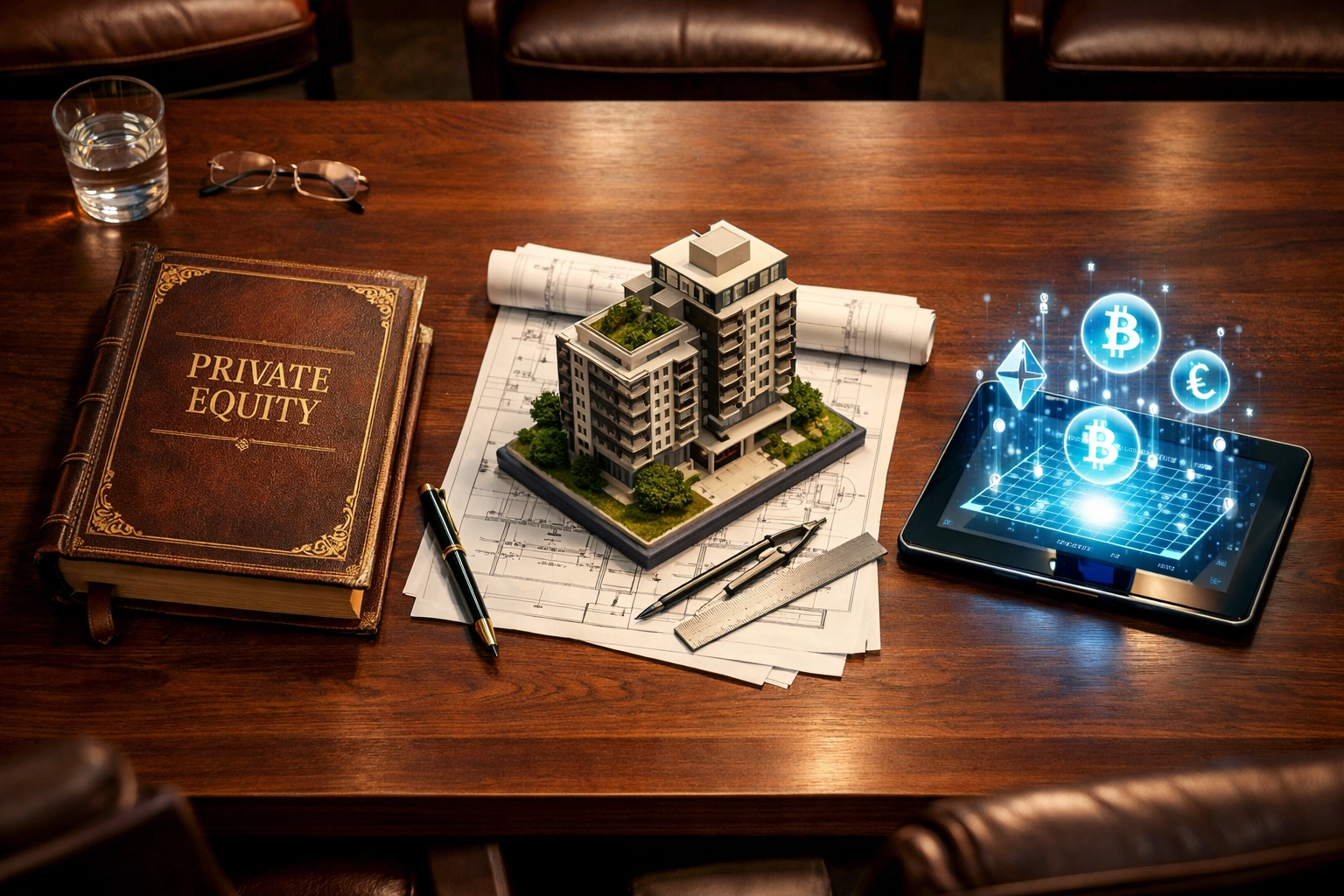 Investment portfolio diversification with private equity ledger, real estate blueprints, and digital assets